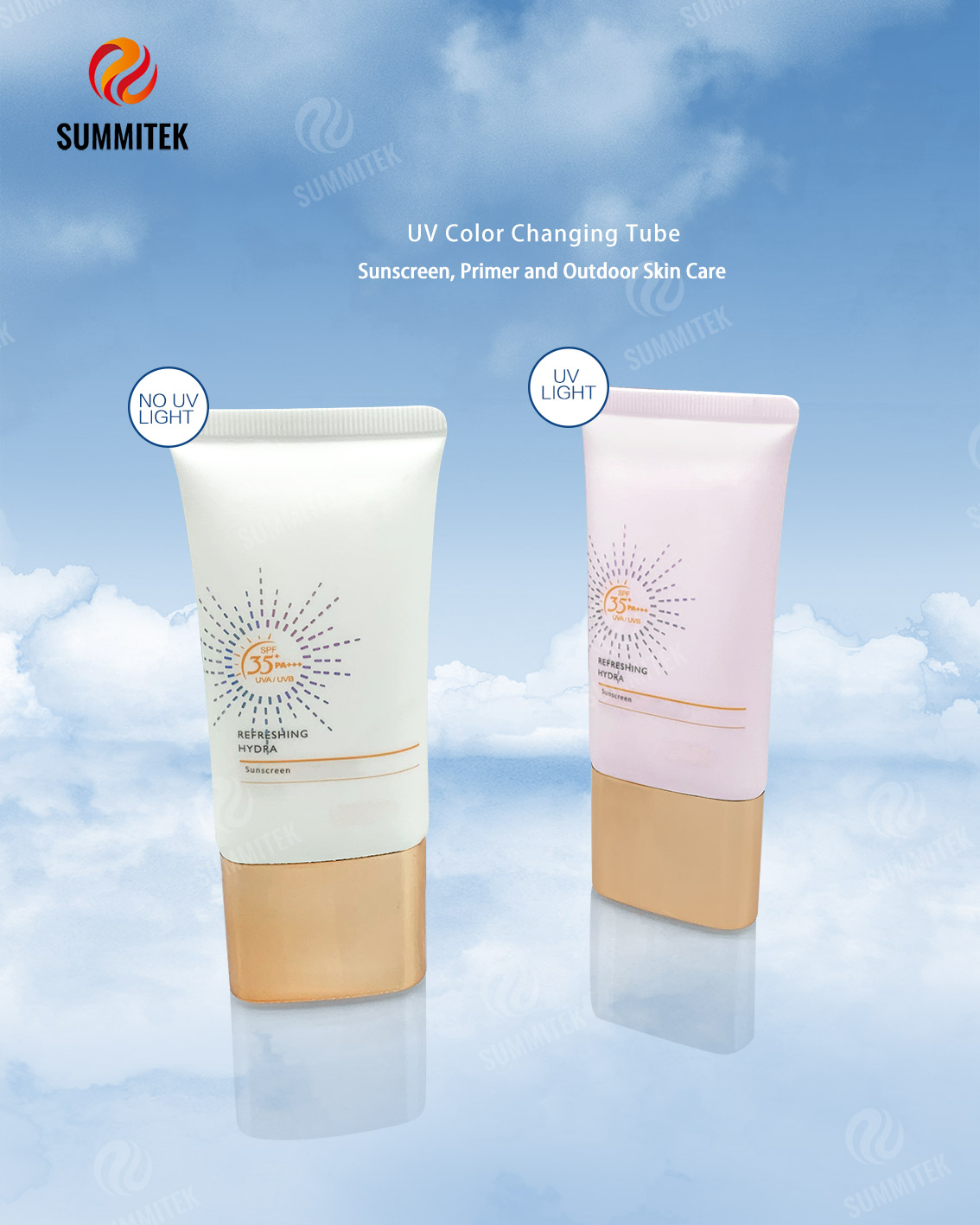 Tubos cosm&eacute;ticos de mudan&ccedil;a de cor UV com bico longo para protetor solar e protetor solar