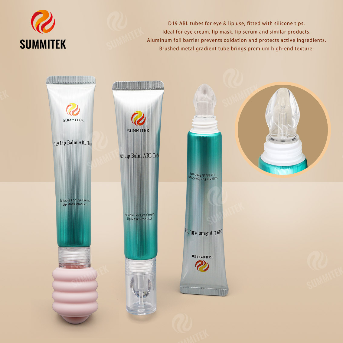 Tubos D19 ABL com ponta de silicone - embalagem para cuidados com os olhos e l&aacute;bios