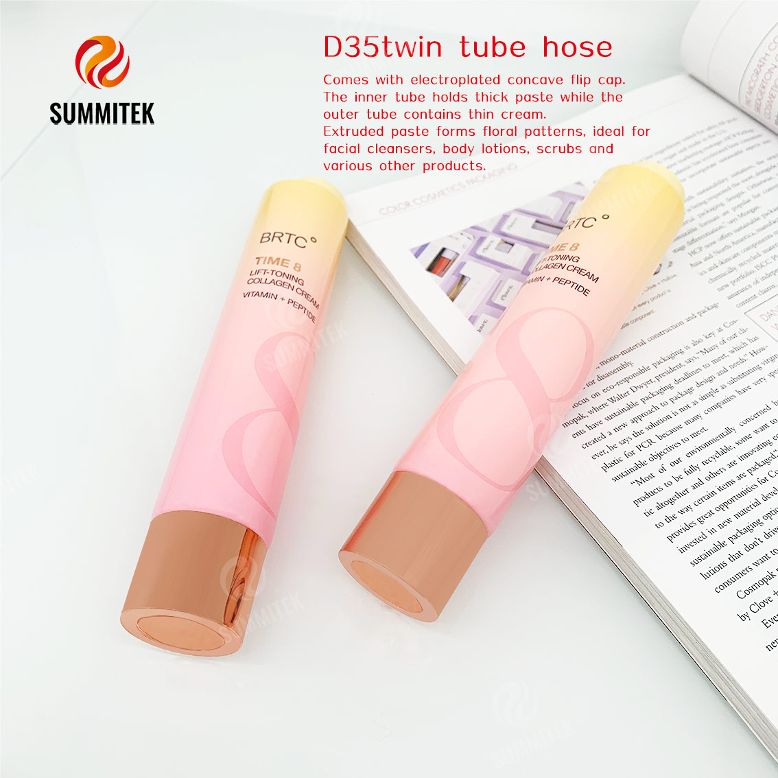 Tubo duplo conc&ecirc;ntrico D35 com sa&iacute;da de padr&atilde;o floral para limpador e lo&ccedil;&atilde;o corporal