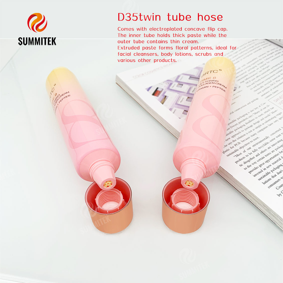 Tubo duplo conc&ecirc;ntrico D35 com sa&iacute;da de padr&atilde;o floral para limpador e lo&ccedil;&atilde;o corporal