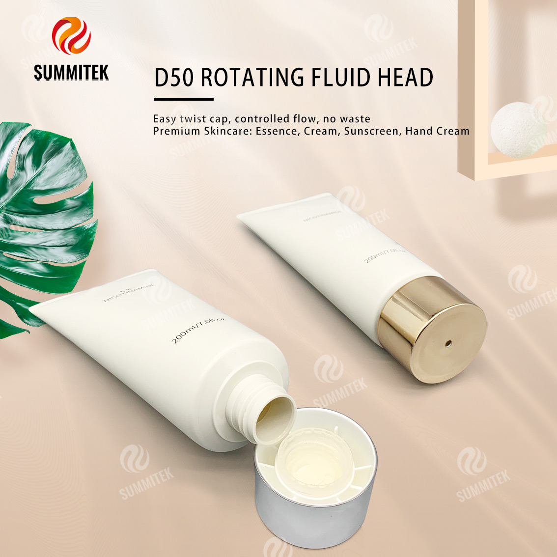 Tubo dispensador rotativo D50 com tampa galvanizada de ouro ou prata para cuidados com a pele premium