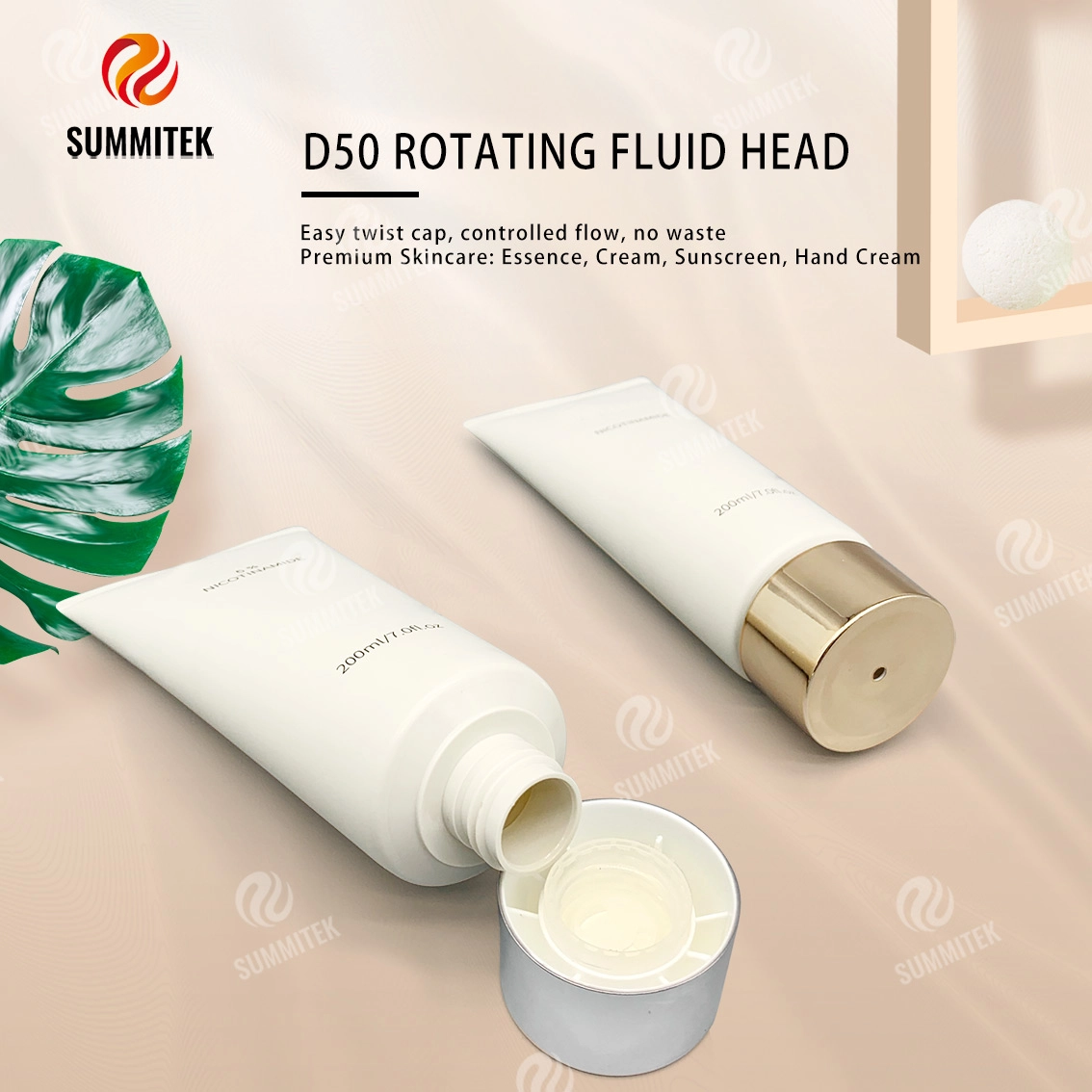Tubo dispensador rotativo D50 com tampa galvanizada de ouro ou prata para cuidados com a pele premium