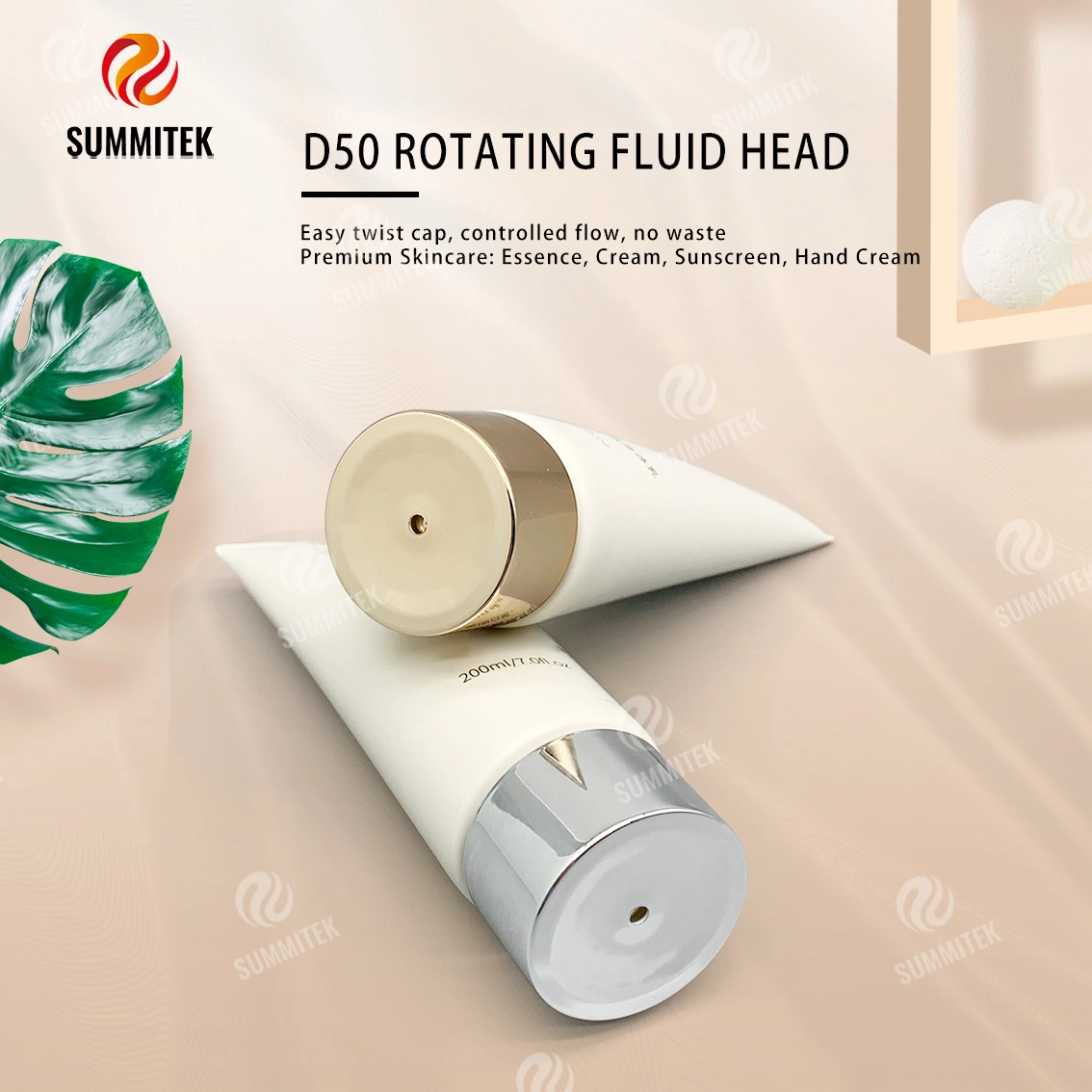 Tubo dispensador rotativo D50 com tampa galvanizada de ouro ou prata para cuidados com a pele premium