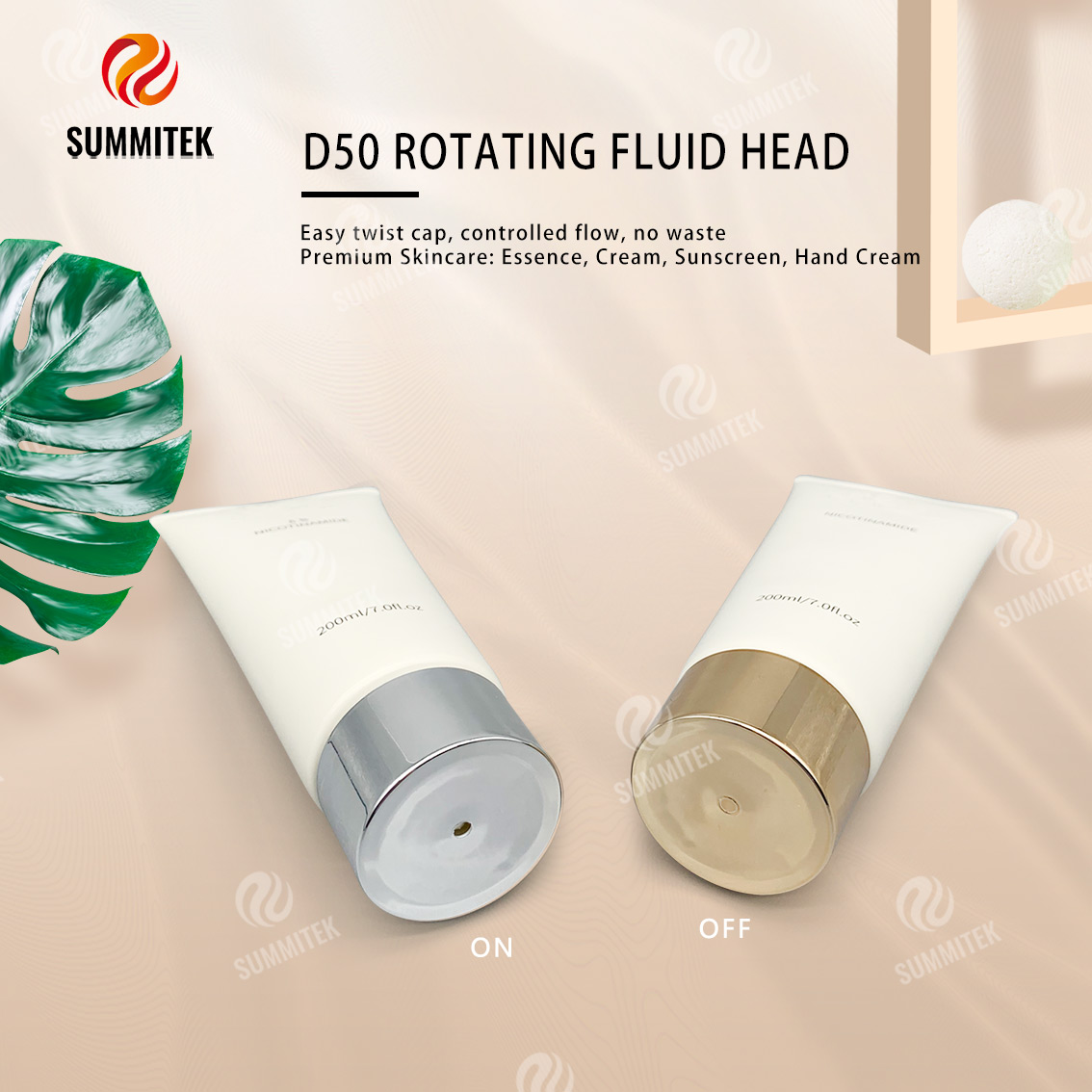 Tubo dispensador rotativo D50 com tampa galvanizada de ouro ou prata para cuidados com a pele premium